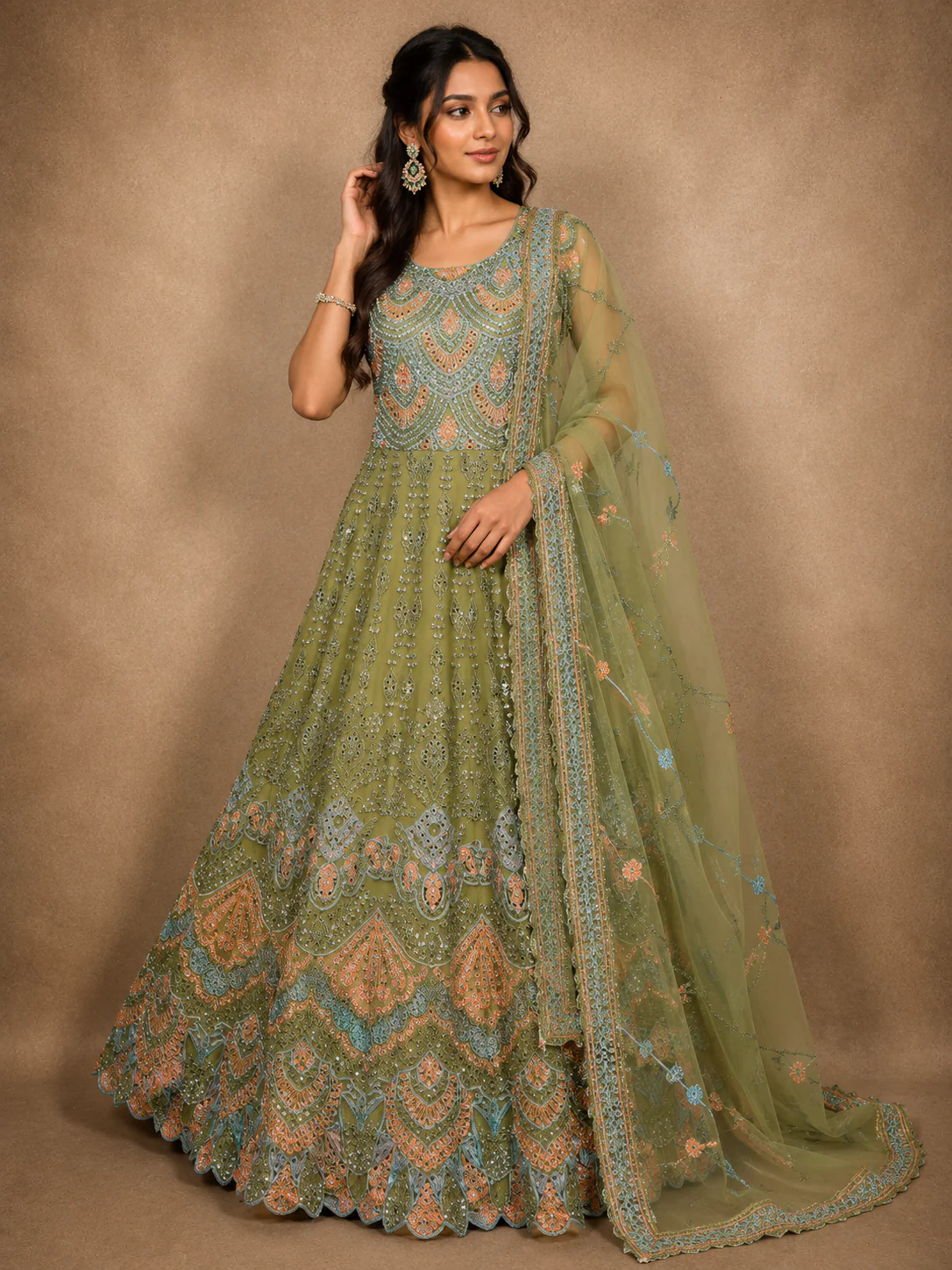 Muted Olive Moss Green Floral Thread and Mirror Embroidered Design Net Anarkali Gown with Dupatta